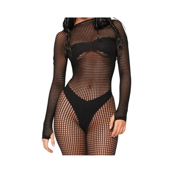 Goth Black Fishnet Bodysuit with Long Sleeves - Picture 2 of 3